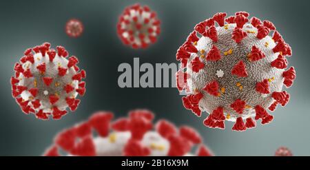 Mikroskopische Ansicht des Coronavirus. Schwimmende Grippeviruszellen. Gefährliches asiatisches NCOV-Corona-Virus, SARS-Pandemie-Risiko-Konzept. 3D-Rendering Stockfoto