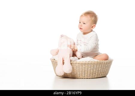 Süßes Kind, das rosafarbenes Häschen hält und auf der Decke im Korb auf weißem Hintergrund sitzt Stockfoto