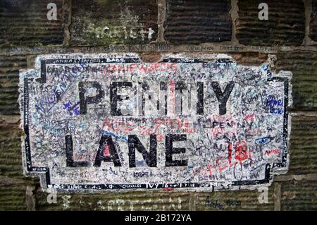 Bemaltes Wandschild in Penny Lane Liverpool England Stockfoto