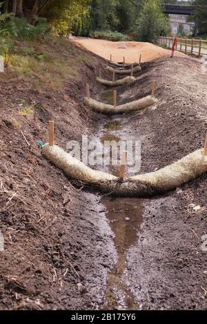 Landabflussarbeiten. Die Verwendung von Strohwatten (Strohwürmer, Biostämme, Strohnudeln). Stockfoto