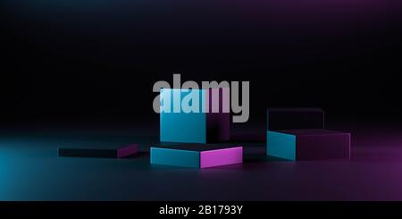Futuristische, moderne Würfel mit neonblauer und magentafarbener Beleuchtung, dunkle Hintergrundtextur. Helle Kulisse, 3D-Darstellung Stockfoto