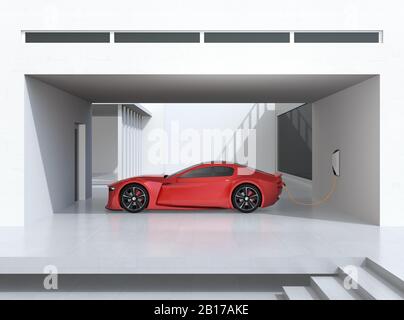 Seitenansicht der roten elektrischen Sportwagen, die zu Hause aufgeladen werden. Nachhaltiges Lifestyle-Konzept. 3D-Rendering-Bild. Stockfoto