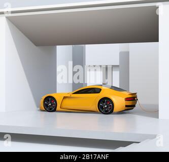 Rückansicht der gelben Sportwagen, die zu Hause aufgeladen werden. Nachhaltiges Lifestyle-Konzept. 3D-Rendering-Bild. Stockfoto