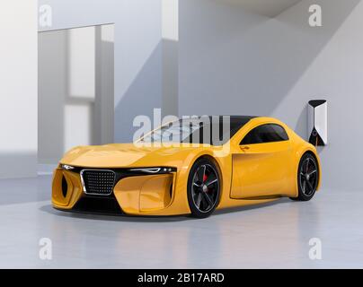 Gelbes elektrisches Sportauto lädt zu Hause. Nachhaltiges Lifestyle-Konzept. 3D-Rendering-Bild. Stockfoto