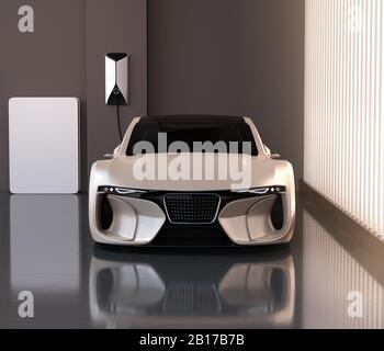 Vorderansicht der elektrischen Sportwagenladung an der heimischen Ladestation. Nachhaltiges Lifestyle-Konzept. 3D-Rendering-Bild. Stockfoto