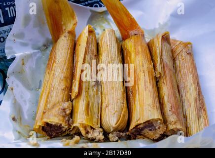 Im Restaurant Tamale Place, 26. Juli 2019, in Vicksburg, Mississippi, wird eine "to-go"-Ordnung heißer Tamales abgebildet. Stockfoto