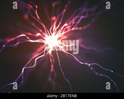 Konzeptionelles Bild eines Neurons, das mit elektrischer Ladung erregt wird. Konzept der Wissenschaft und Forschung des menschlichen Gehirns, 3D-Illustration. Stockfoto