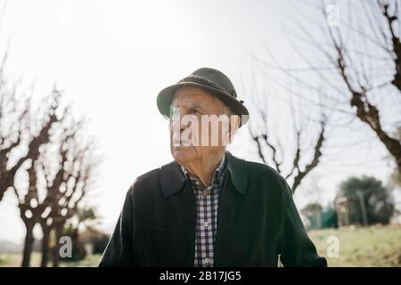 Alter Mann, der im Winterpark spazierengeht, Portrait Stockfoto