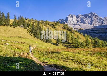 Mann, der im Herbst die Karwendelberge wandert, Hinteriss, Österreich Stockfoto