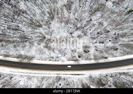 Russland, Moskau, Luftaufnahme der Straße und des schneebedeckten Waldes Stockfoto