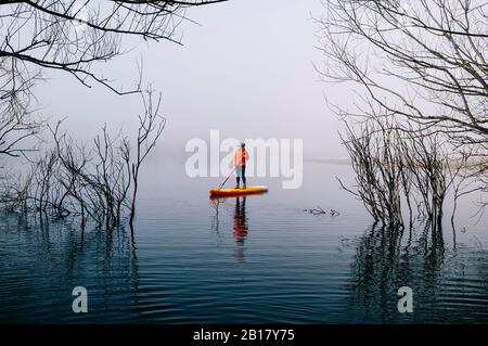 Frau steht auf Paddelsurfen auf einem See im Nebel Stockfoto