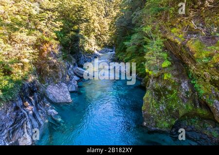 Neuseeland, Queenstown-Lakes District, Makarora, Blick über die blauen Pools in Haast Pass Stockfoto