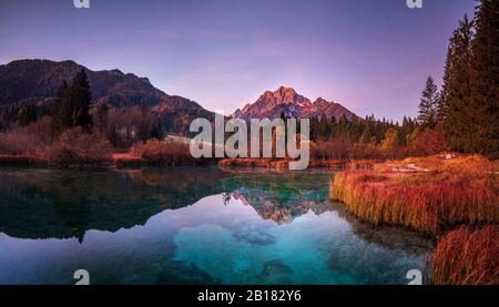 Slowenien, Kranjska Gora, malerische Aussicht auf den Zelenci See in der Dämmerung Stockfoto