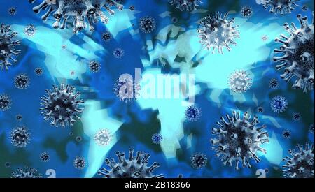 Global Coronavirus Ausbruch und Coronaviren Influenza-Hintergrund als gefährliche internationale Grippe-Strain-Fälle wie eine weltweite pandemische medizinische Gesundheit. Stockfoto