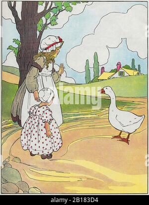 Goosey, Gänsehaut, Gander, Whither dost thou Wander? - The Real Mother Goose Nursery Rhyme Illustration von Blanche Fisher Wright um das Jahr 1915 Stockfoto