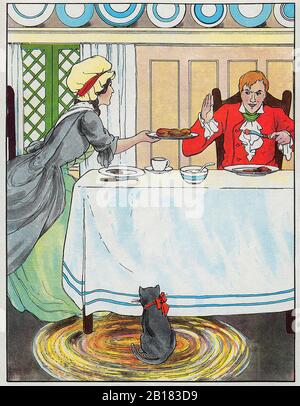 Jack Sprat Konnte kein Fett essen, Seine Frau konnte kein mageres essen - Die Eigentliche Mother Goose Nursery Rhyme Illustration von Blanche Fisher Wright um das Jahr 1915 Stockfoto