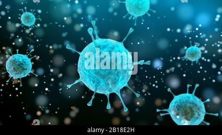 3D-Renderbakterienvirus, 3D-Render Mikrobe. Bakterienvirus oder Keime Mikroorganismuszellen unter Mikroskop. Stockfoto