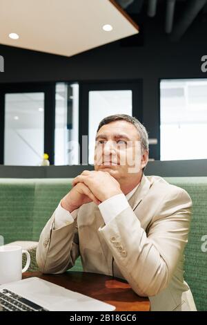 Inspirierter reifer Geschäftsmann, der im Café mit geöffnetem Laptop sitzt und über ein neues Projekt nachdenkt, an dem er gerade arbeitet Stockfoto