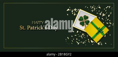 KLEEBLATT auf grünem Grund. SCHMUCK. Goldener Klee. Schicke Postkarte für Saint Patricks Day. Stock Vektor