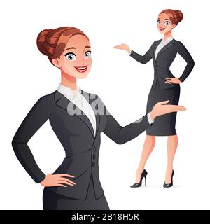 Fröhliche lächelnde Geschäftsfrau präsentiert. Isolierte Vektorgrafiken. Stock Vektor