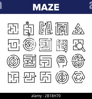 Labyrinth Puzzle Verschiedene Sammlungssymbole Setzen Vektor Stock Vektor