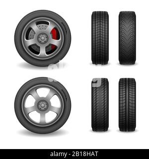 Realistische Vektor-Rad- und Reifensets. Autoreifen mit verschiedenen Laufflächenmarkierungen. Vektorrad mit Bremsrad isoliert auf weiß. Vektorgrafik Stock Vektor