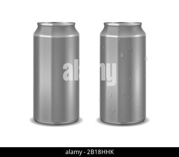 Aluminium realistische leere Dose mit Wassertropfen für Bier, Saft oder Energy-Drink-Mockup isoliert. Vector kann eine Vorlage für Ihr Design erstellen. Stock Vektor