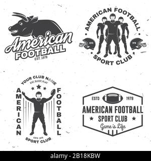 Satz American Football- oder Rugby-Club-Abzeichen. Vektor für Hemd, Logo, Druck, Stempel, T-Shirt, Patch. Vintage-Design mit Stier, american Football Sportsman Spieler, Helm, Ball und Schulterpolster Silhouette Stock Vektor