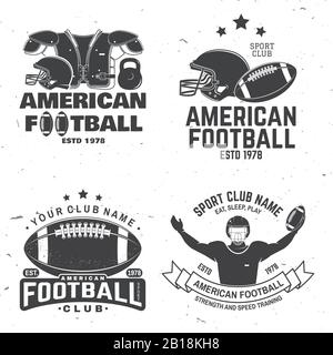 Satz American Football- oder Rugby-Club-Abzeichen. Vektor für Hemd, Logo, Druck, Stempel, T-Shirt, Patch. Vintage-Design mit american Football Sportsman Spieler, Helm, Ball und Schulterpolster Silhouette Stock Vektor