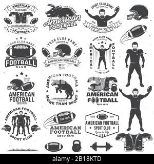 Satz American Football- oder Rugby-Club-Abzeichen. Vektor für Hemd, Logo, Druck, Stempel, T-Shirt, Patch. Vintage-Design mit Stier, american Football Sportsman Spieler, Helm, Ball und Schulterpolster Silhouette Stock Vektor