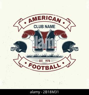 American Football- oder Rugby-Club-Abzeichen. Vektorgrafiken. Konzept für Hemd, Druck, Stempel, T-Shirt, Pflaster. Vintage-Typografie-Design mit american Football Helm, Gras- und Schulterpolster Silhouette Stock Vektor