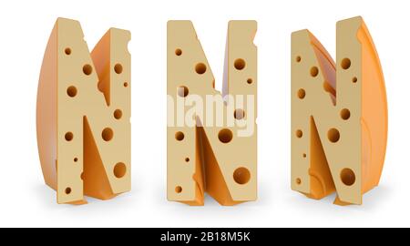 Großbuchstabe N. Großbuchstabe. Käsealphabet und Schriftart. Satz von drei Ansichtspunkten auf Weiß. 3D-Rendering Stockfoto