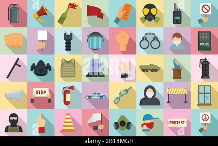 Protestsymbole gesetzt. Flache Reihe von Protest-Vektorsymbolen für das Webdesign Stock Vektor