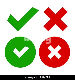 Häkchen- und Kreuzsymbole für Webdesign isoliert auf weißem Hintergrund. Flach, Vektorgrafiken Stock Vektor