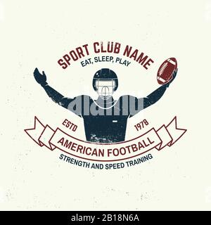 American Football- oder Rugby-Club-Abzeichen. Vektorgrafiken. Konzept für Hemd, Logo, Druck, Stempel, T-Shirt, Patch. Vintage-Typografie-Design mit american Football Sportsman Spieler mit Ballsilhouette Stock Vektor