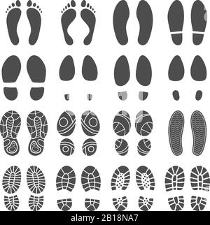 Silhouetten für Fußabdrücke. Barfuß-Schritte Ausdrucke, Stiefel Schritt- und Fußfüße drucken isolierte Vektorsilhouetten-Illustration Stock Vektor