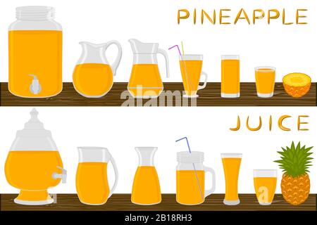 Abbildung zum Thema großes Kit verschiedene Typen Glaswaren, Ananas Kannen verschiedene Größen. Glaswaren aus organischen Kunststoffbecher für flüssige Ananas Stock Vektor