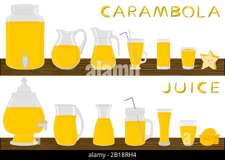 Abbildung zum Thema großes Kit verschiedene Typen Glaswaren, Karambola-Becher in verschiedenen Größen. Glaswaren aus organischen Kunststoff-Tassen für flüssige Karambola Stock Vektor