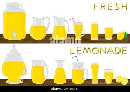 Abbildung zum Thema großes Kit verschiedene Typen Glaswaren, Limonade in Tassen verschiedener Größe. Glaswaren aus organischen Kunststoff-Tassen für Flüssiglemonad Stock Vektor