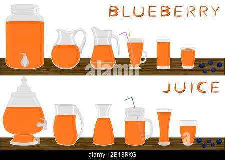 Illustration zum Thema Big Kit verschiedene Typen Glaswaren, Blaubeere Tassen in verschiedenen Größen. Glaswaren aus organischen Kunststoff-Tassen für flüssige Heidelbeere Stock Vektor