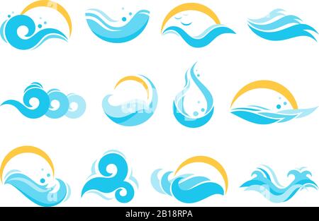 Symbole für Meerwasser. Ozeanwellen, Aqua-Spritzer und blaue Flusswelle. Lake Waters, abisolierte Vektorsymbole mit Fließfläche Stock Vektor