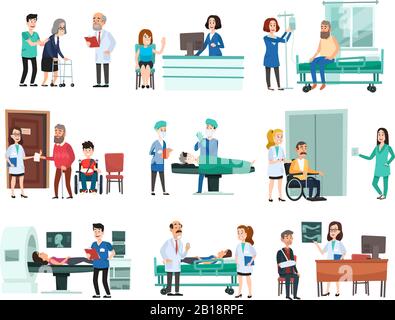 Krankenhaus-Patienten. Hospitalisierter Patient auf dem Krankenbett, Krankenschwester und Arzt hilft kranken Menschen isolierte Cartoon-Vektor-Illustration Stock Vektor