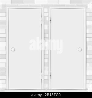 Zwei realistische leere, weiß geschlossene Türen mit Rahmen und Türknöpfen gegen eine weiße Ziegelwand. Vektorgrafiken. Stock Vektor