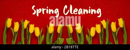 Baner Aus Gelben Tulpenblumen, Roter Hintergrund, Textfrühling Reinigung Stockfoto