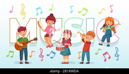 Kinder, die Musik spielen. Musikinstrumente für Kinder, Musiker der Baby-Band und tanzende Kinder singen oder spielen Gitarrenvektorillustration Stock Vektor