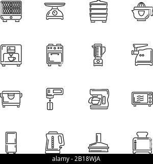 Küchenausstattung, Tools Outline Icons Set - schwarzes Symbol auf weißem Hintergrund. Küchenausstattung, Werkzeuge Einfache Illustration Symbol - gefütterte Einfachheit Stock Vektor