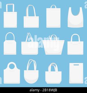 Stofftasche. Eco Canvas Taschen, weiße Einkaufstaschen und Strandtuchhandtasche Vektorgrafik-Set Stock Vektor