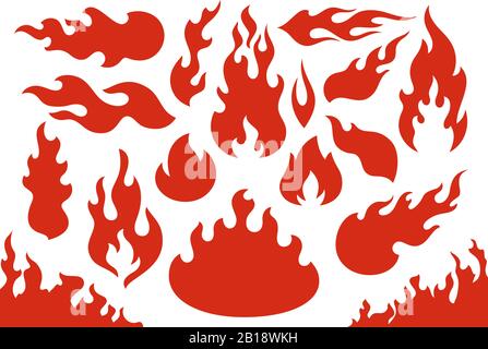 Flammende Flammen. Flammender roter Wildbrand feurig oder Rennflamme. Blitzende Hölle Inferno Feuer Ikonen Illustration Set Stock Vektor