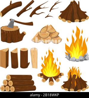 Brennholzbretter. Kaminfeuerholz, brennender Holzstapel und brennendes Feuer. Campfire Logging Pile Cartoon Vector Illustration Stock Vektor