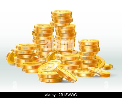 Goldene Münzen stapeln. Goldmünzdollar, Geldstapel und Goldbargeldhaufen realistische Vektorillustration Stock Vektor